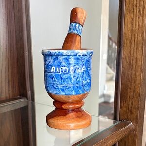 Antigua Blue and Brown Wood Mortar and Pestle